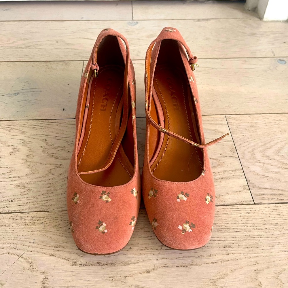 Coach Floral Suede Ankle Strap Pumps